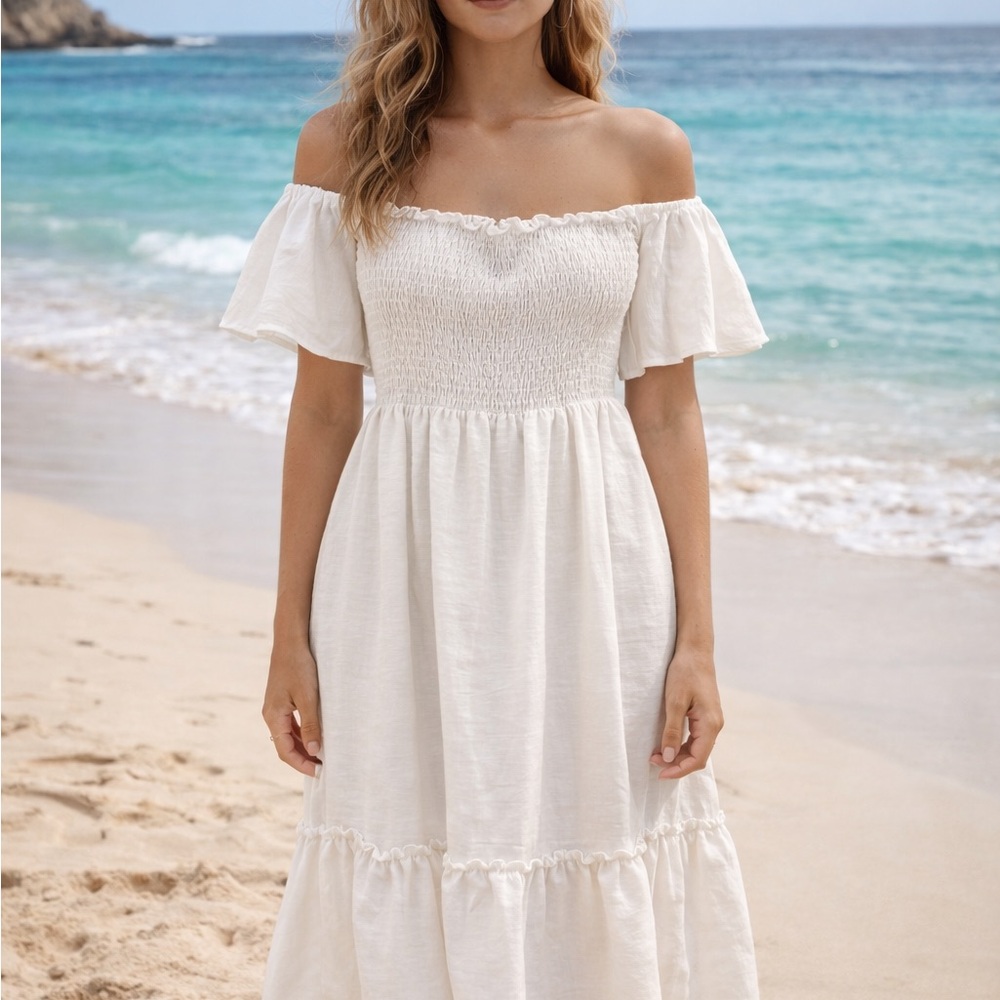 DAVI & DANI White Off-Shoulder Midi Dress